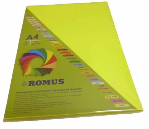 Папір кольоровий Romus A4 80 г/м2 100 аркушів Неоновий жовтий (R50713) Папір кольоровий Romus A4 80 г/м2 100 аркушів Неоновий жовтий (R50713)