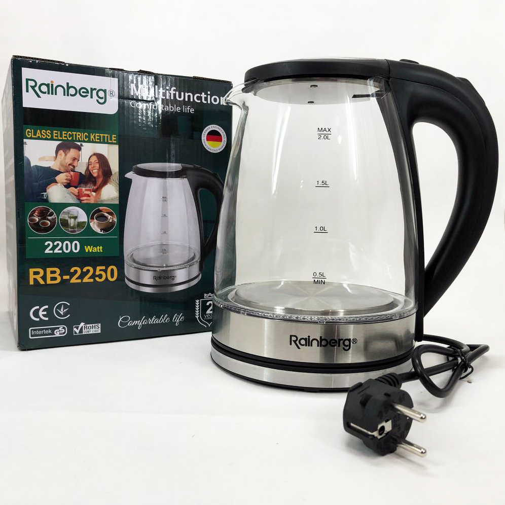 Электрический стеклянный чайник Rainberg RB-2250 с LED подсветкой 2200 Вт 1.8л, хороший электро чайник Электрический стеклянный чайник Rainberg RB-2250 с LED подсветкой 2200 Вт 1.8л, хороший электро чайник