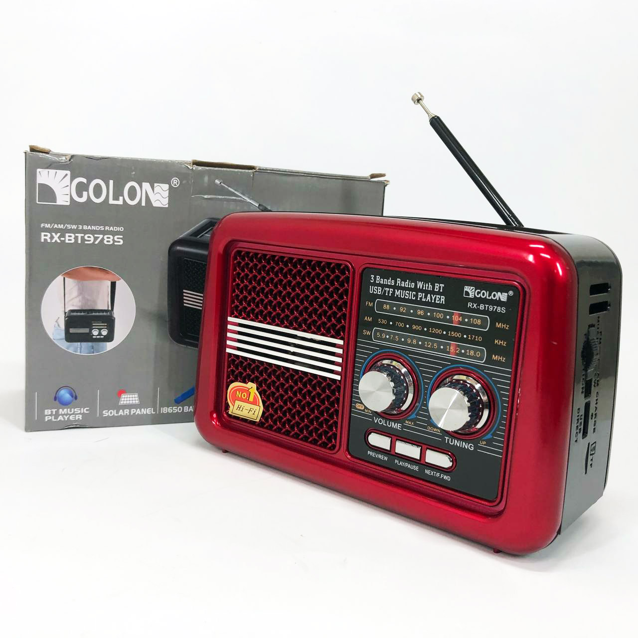 Радио приемник Golon RX-BT978S солнечная панель AUX 3.5mm, Радио приемник с аккумулятором. Цвет: красный Радио приемник Golon RX-BT978S солнечная панель AUX 3.5mm, Радио приемник с аккумулятором. Цвет: красный