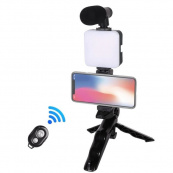 Набор блогера 4в1, тренога для телефона с микрофоном и вспышкой Штатив трипод для селфи и видео. Изображение №9