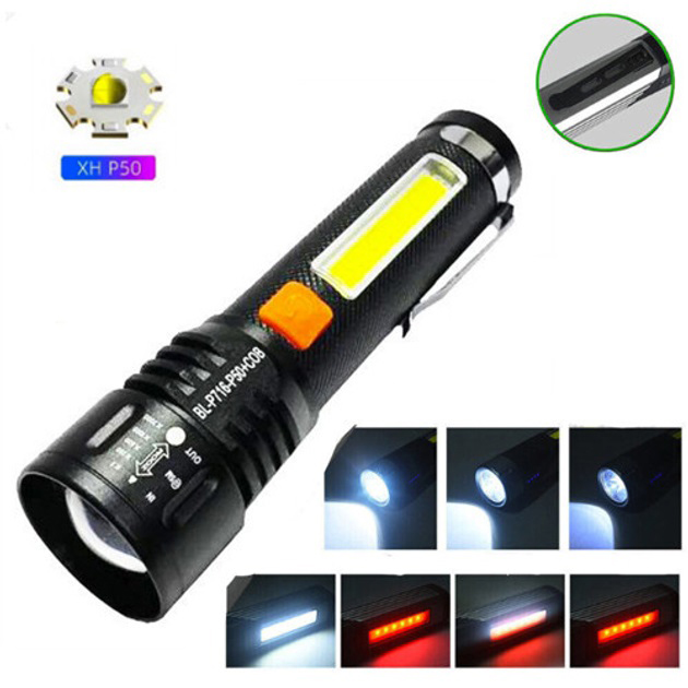 Ліхтар акумуляторний Bailong BL-P716-P50+COB white+red, Портативний світлодіодний ліхтар із зарядкою Ліхтар акумуляторний Bailong BL-P716-P50+COB white+red, Портативний світлодіодний ліхтар із зарядкою