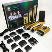 Комплект 3 в 1 VGR V-694 акумуляторна машинка для стрижки, триммер та електробритва шейвер. Колір: золотий. Зображення №6