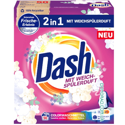 DASH 2в1 Сухий порошок + ополіскувач Pulver COLOR 50прань 3kg DASH 2в1 Сухий порошок + ополіскувач Pulver COLOR 50прань 3kg