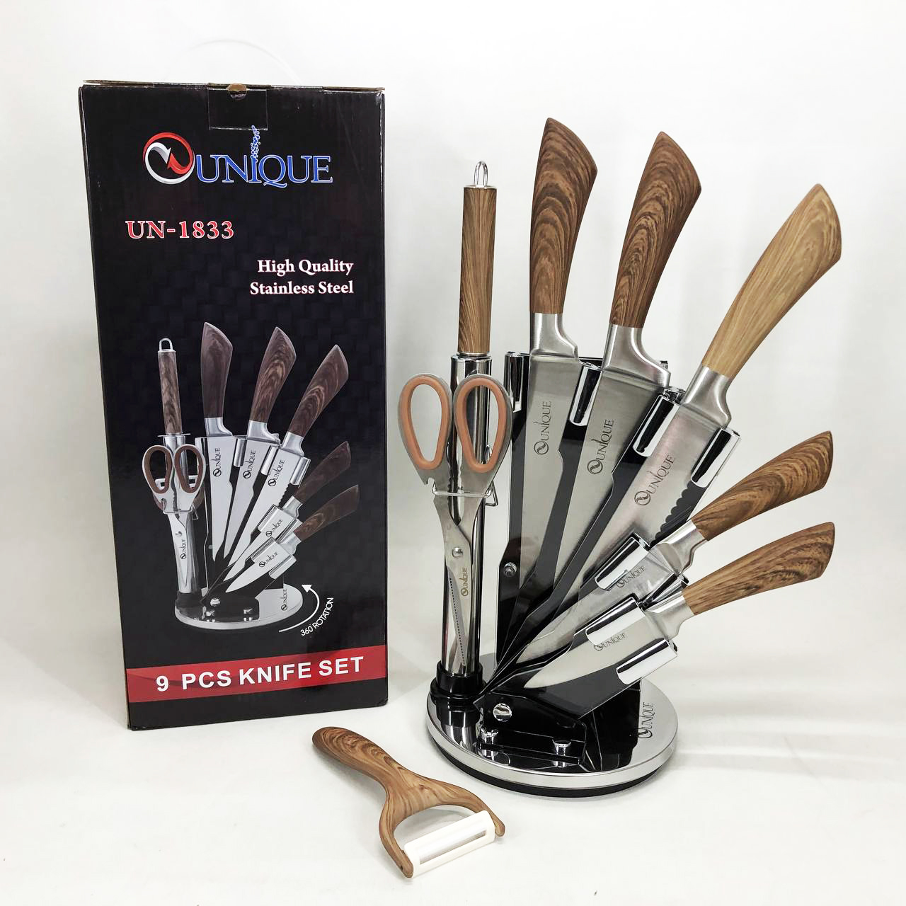 Набір кухонних ножів UNIQUE UN-1833 з дерев'яними ручками та підставкою Набір кухонних ножів UNIQUE UN-1833 з дерев'яними ручками та підставкою