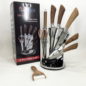 Набір кухонних ножів UNIQUE UN-1833 з дерев'яними ручками та підставкою. Зображення №11 Набір кухонних ножів UNIQUE UN-1833 з дерев'яними ручками та підставкою. Зображення №11