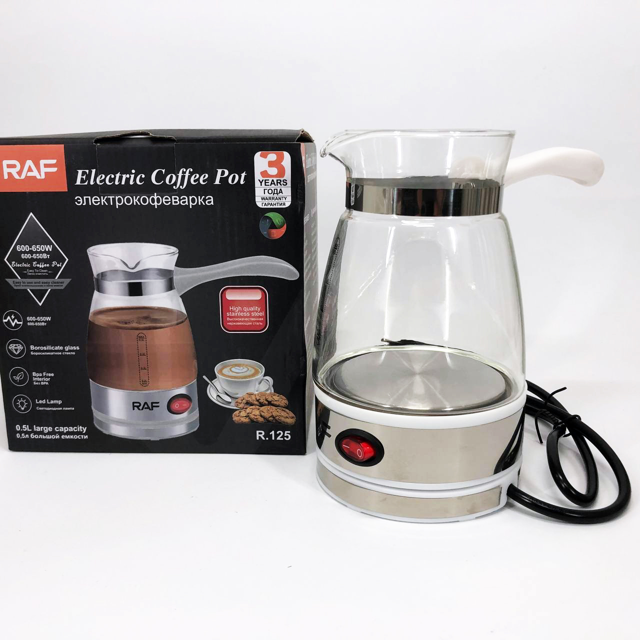 Електрична турка для кави RAF R.125 Кавоварка зі скляною чашею 500мл 600 Вт. Колір: білий Електрична турка для кави RAF R.125 Кавоварка зі скляною чашею 500мл 600 Вт. Колір: білий