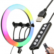 Кільцева LED лампа RGB MJ45 Ring 45 см комплектація адаптер із вбудованим кабелем, тримачі для телефону, пульт. Зображення №3