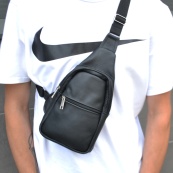Сумка з натуральної шкіри, слінг чоловічий чорний, барсетка, крос боді, Практична сумка-месенджер. Зображення №12