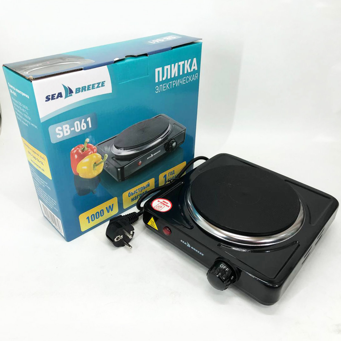 Настольная плита электрическая Sea Breeze SB-061 1000 Вт, переносная компактная электроплита. Цвет: черный Настольная плита электрическая Sea Breeze SB-061 1000 Вт, переносная компактная электроплита. Цвет: черный