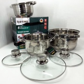 Набор кастрюль Rainberg RB-604 нержавеющая сталь, капсульное 9-ти слойное дно (3 кастрюли 3 крышки). Изображение №2
