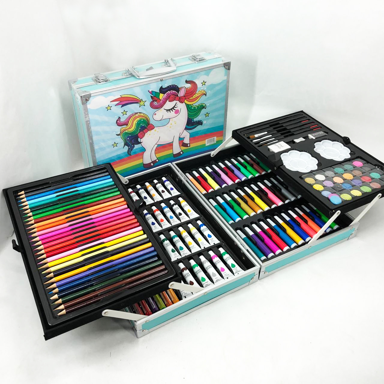 Набор для творчества в алюминиевом чемодане Единорог 145 предметов, чемодан для рисования детский кейс. Цвет: голубой Набор для творчества в алюминиевом чемодане Единорог 145 предметов, чемодан для рисования детский кейс. Цвет: голубой