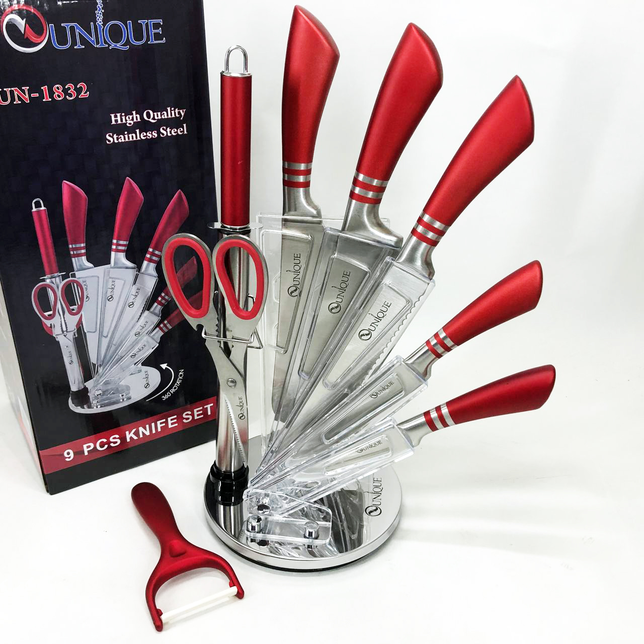 Набор ножей UNIQUE UN-1832 с подставкой 9 предметов овощечистка точилка ножницы Нержавеющая сталь Набор ножей UNIQUE UN-1832 с подставкой 9 предметов овощечистка точилка ножницы Нержавеющая сталь