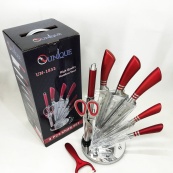 Набор ножей UNIQUE UN-1832 с подставкой 9 предметов овощечистка точилка ножницы Нержавеющая сталь. Изображение №4 Набор ножей UNIQUE UN-1832 с подставкой 9 предметов овощечистка точилка ножницы Нержавеющая сталь. Изображение №4