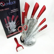 Набор ножей UNIQUE UN-1832 с подставкой 9 предметов овощечистка точилка ножницы Нержавеющая сталь. Изображение №7 Набор ножей UNIQUE UN-1832 с подставкой 9 предметов овощечистка точилка ножницы Нержавеющая сталь. Изображение №7