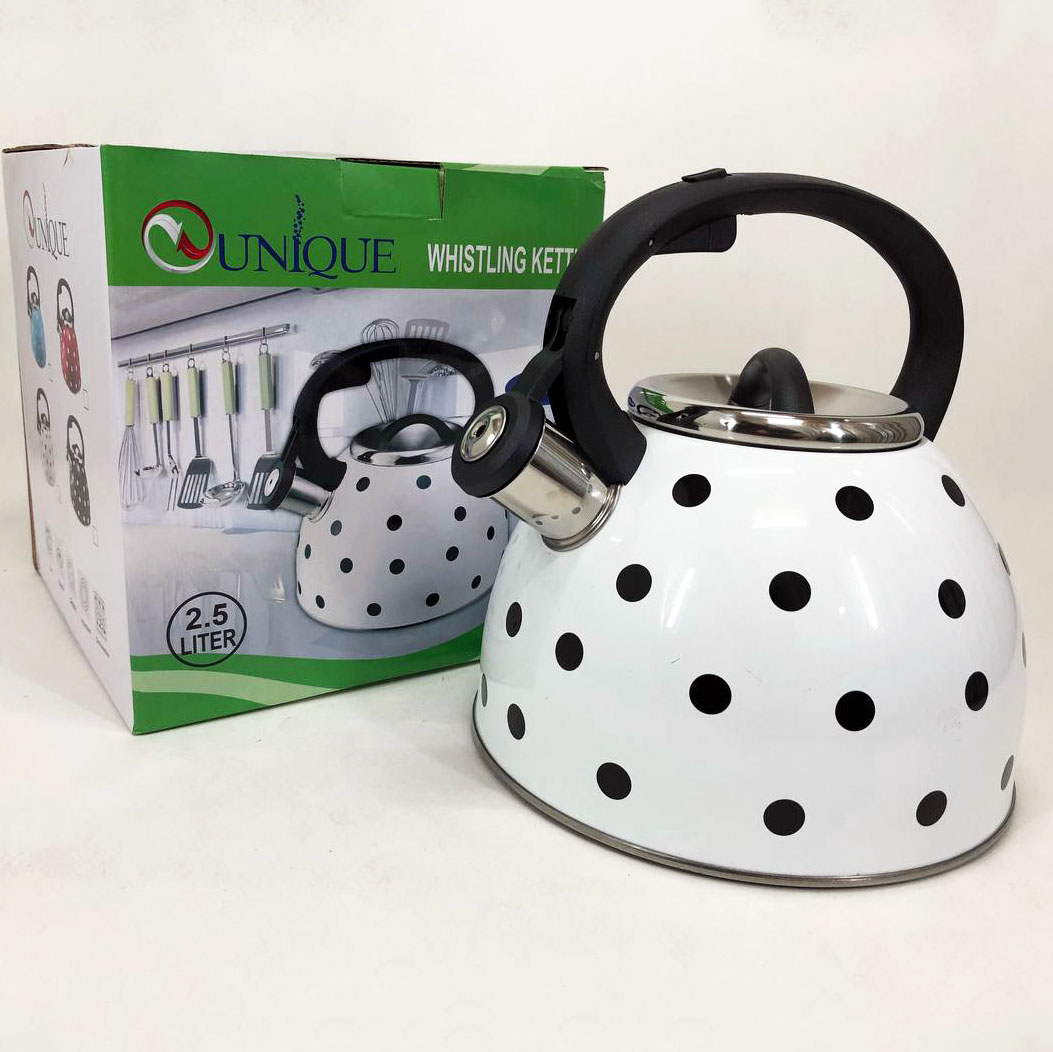 Чайник із свистком для газової плити Unique UN-5301 2.5л горошок, чайники для плит. Колір: білий Чайник із свистком для газової плити Unique UN-5301 2.5л горошок, чайники для плит. Колір: білий