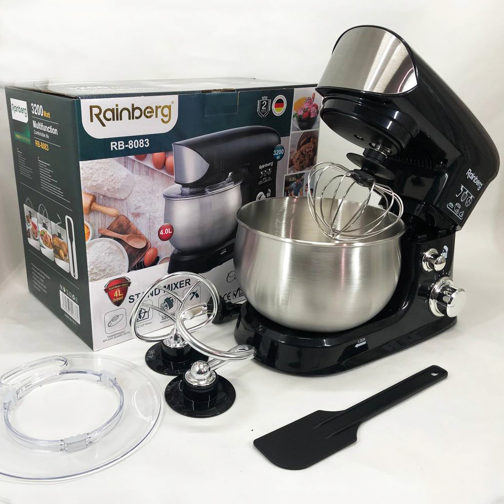 Електричний планетарний міксер тістоміс Rainberg RB-8083 3200 Вт з насадками. Колір: чорний Електричний планетарний міксер тістоміс Rainberg RB-8083 3200 Вт з насадками. Колір: чорний