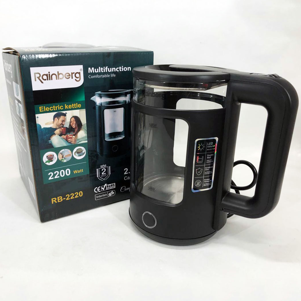 Електрочайник Rainberg RB-2220 скляний дисковий прозорий. Чайник із підсвічуванням 2200W. Колір: чорний Електрочайник Rainberg RB-2220 скляний дисковий прозорий. Чайник із підсвічуванням 2200W. Колір: чорний