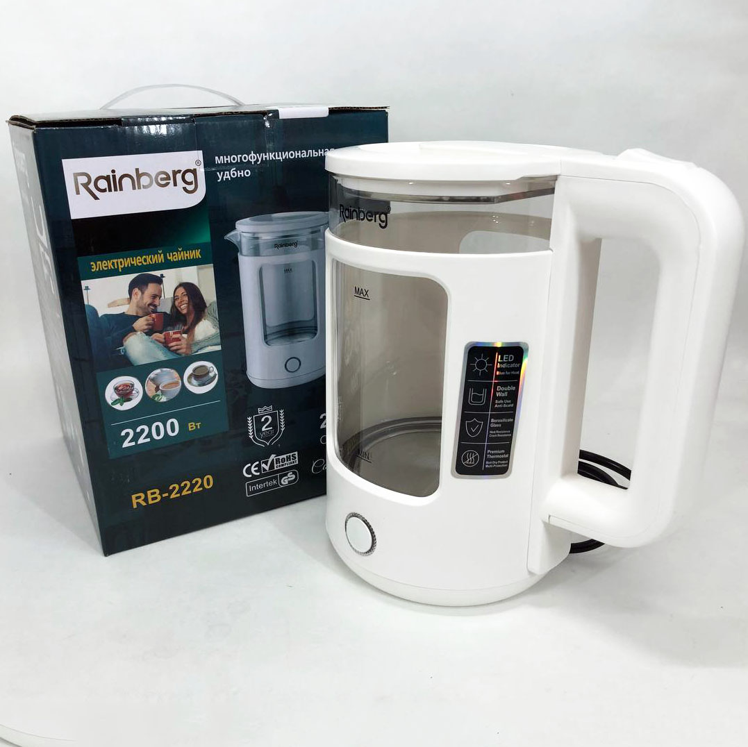 Электрочайник Rainberg RB-2220 стеклянный, дисковый прозрачный. Чайник с подсветкой 2200 Вт. Цвет: белый Электрочайник Rainberg RB-2220 стеклянный, дисковый прозрачный. Чайник с подсветкой 2200 Вт. Цвет: белый