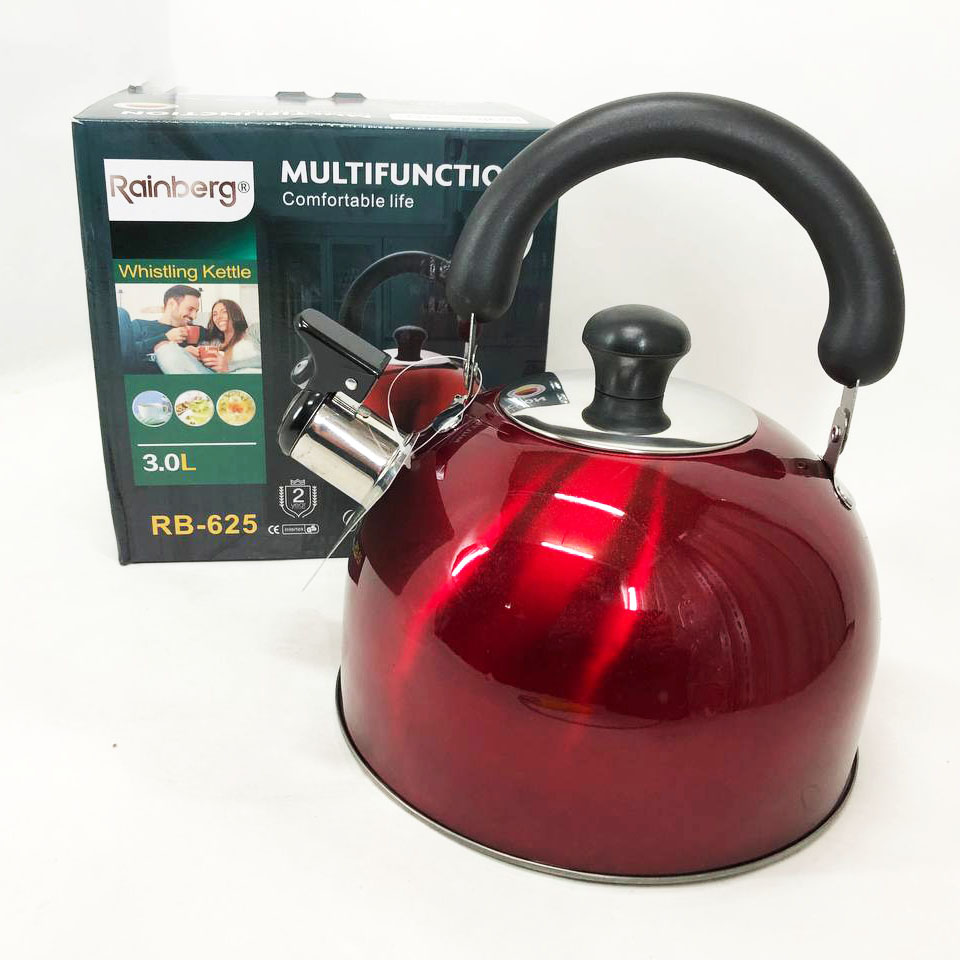Чайник Rainberg RB-625 из нержавеющей стали со свистком 3л, хороший чайник со свистком. Цвет: красный Чайник Rainberg RB-625 из нержавеющей стали со свистком 3л, хороший чайник со свистком. Цвет: красный