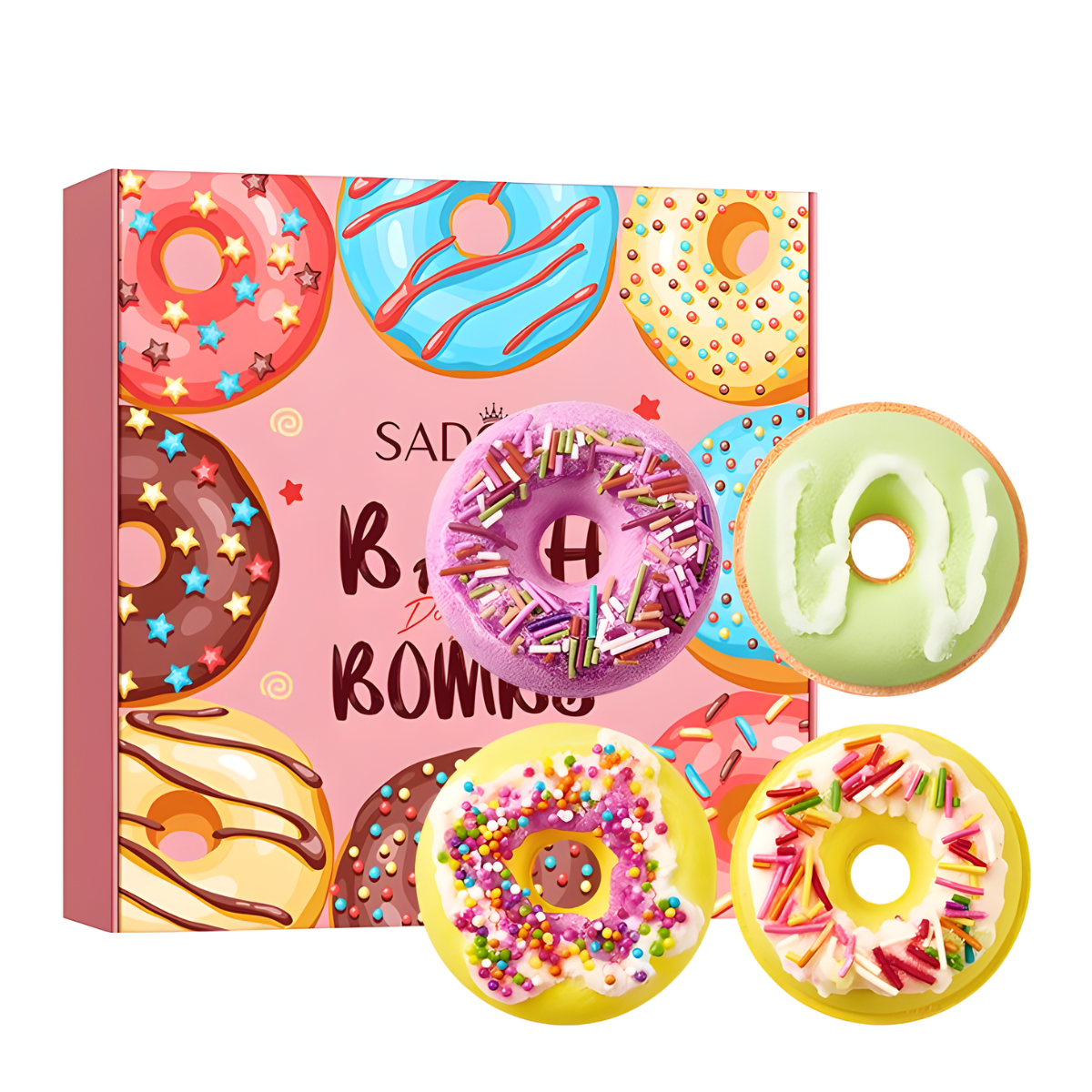 Подарунковий набір пінних бомбочок для ванни Sadoer "Донатси", 4 шт Подарунковий набір пінних бомбочок для ванни Sadoer "Донатси", 4 шт