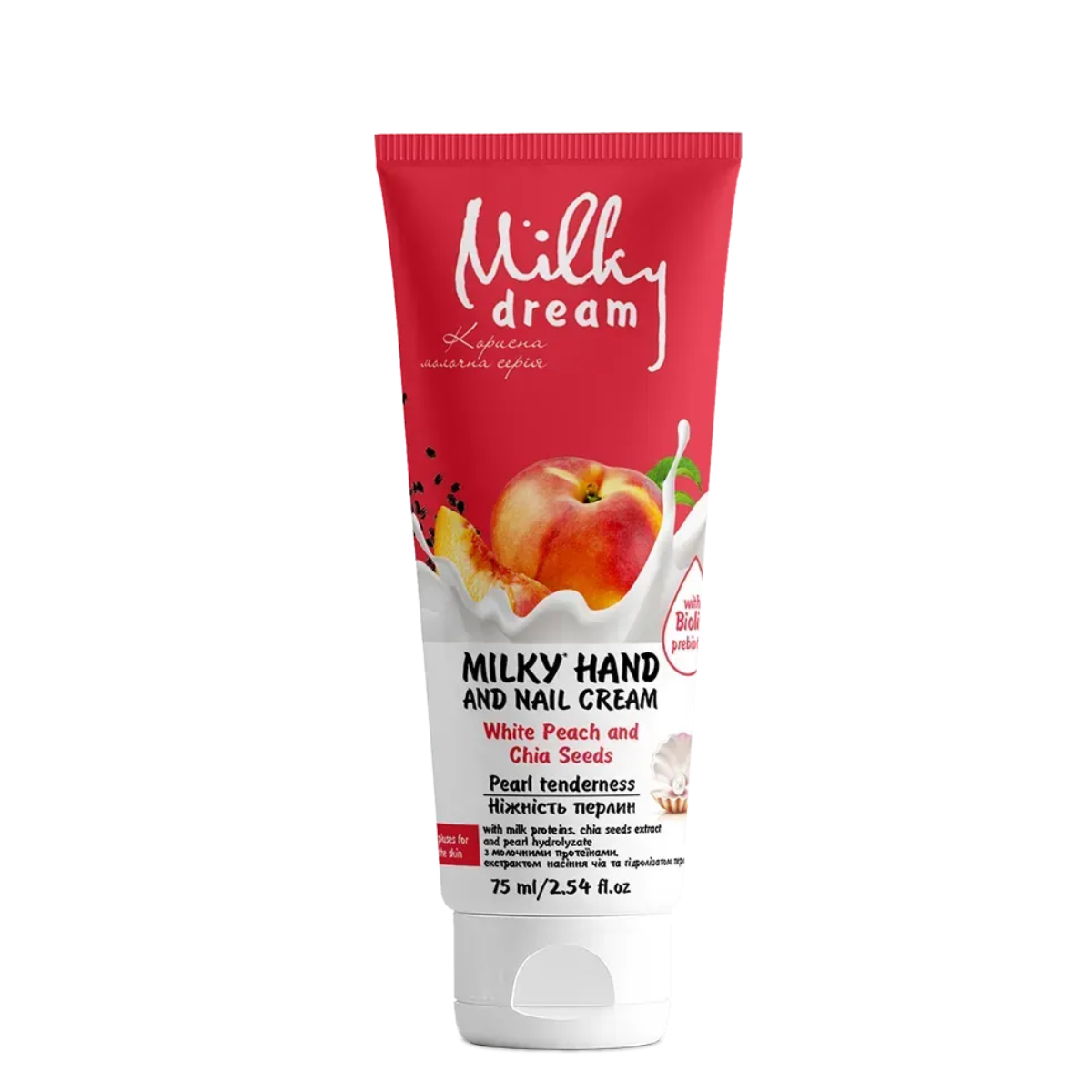 Крем для рук Milky Dream White Peach and Chia Seeds для пошкодженої шкіри, 75 мл Крем для рук Milky Dream White Peach and Chia Seeds для пошкодженої шкіри, 75 мл