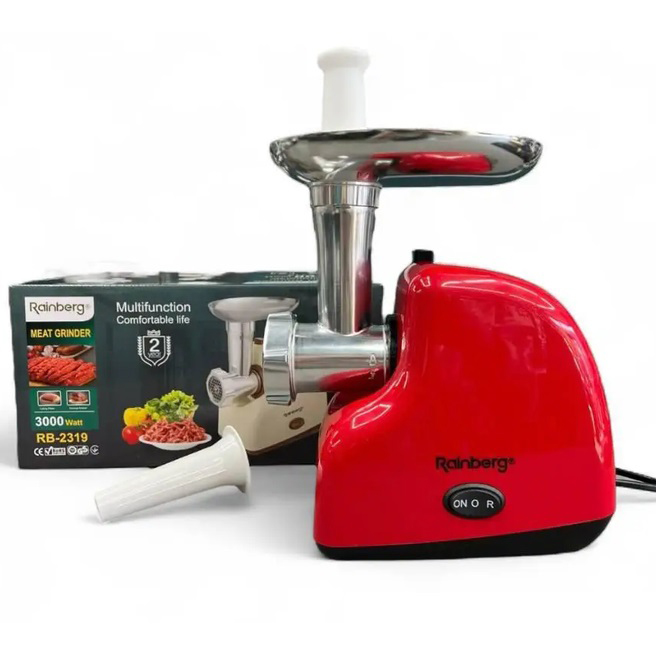 М'ясорубка електрична Rainberg RB-2319 із системою реверсу насадка куббе 3000Вт Red М'ясорубка електрична Rainberg RB-2319 із системою реверсу насадка куббе 3000Вт Red