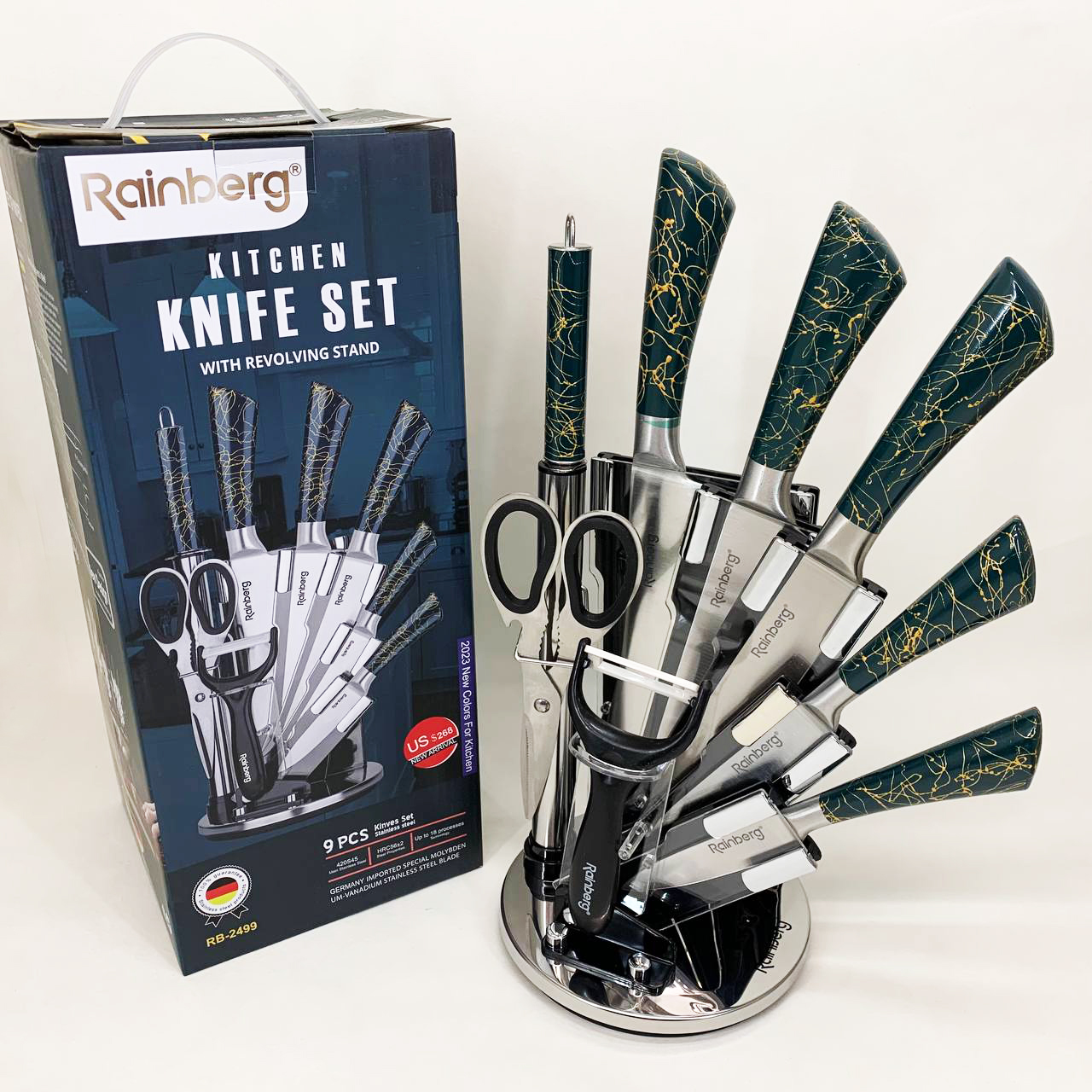 Набір кухонних ножів Rainberg RB-2499 8 предметів на підставці, що обертається Green Набір кухонних ножів Rainberg RB-2499 8 предметів на підставці, що обертається Green