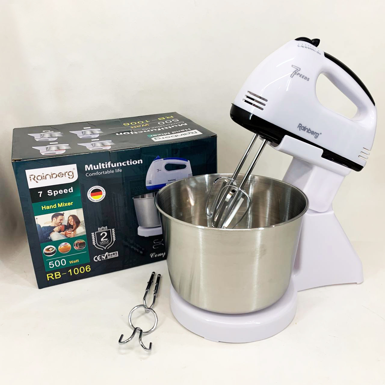 Стаціонарний електричний міксер із чашею Rainberg RB-1006 500W з насадками для замішування тіста Black Стаціонарний електричний міксер із чашею Rainberg RB-1006 500W з насадками для замішування тіста Black