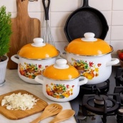 Набор эмалированных кастрюль Edenberg EB-1888 1.6/2.3/3.0 л с рисунком 3 шт. 6 предметов. Изображение №2