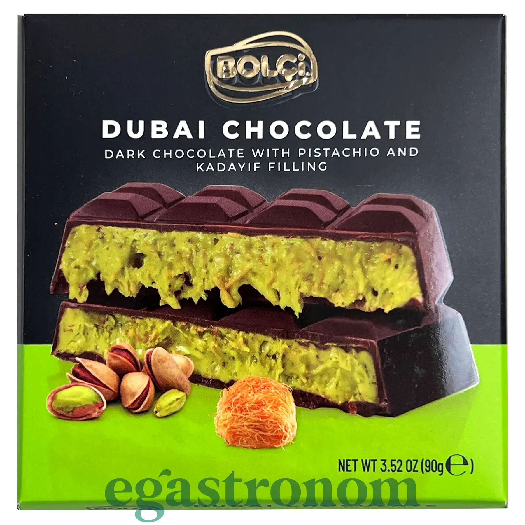 Шоколад Дубайський чорний з фісташкою Болчі Bolci 90g 6шт/пач 36пач/ящ Шоколад Дубайський чорний з фісташкою Болчі Bolci 90g 6шт/пач 36пач/ящ
