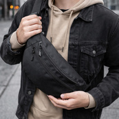 Мужская/женская бананка с Cordura 1000D, черная, 3 отделения, водоотталкивающая. Изображение №4 Мужская/женская бананка с Cordura 1000D, черная, 3 отделения, водоотталкивающая. Изображение №4