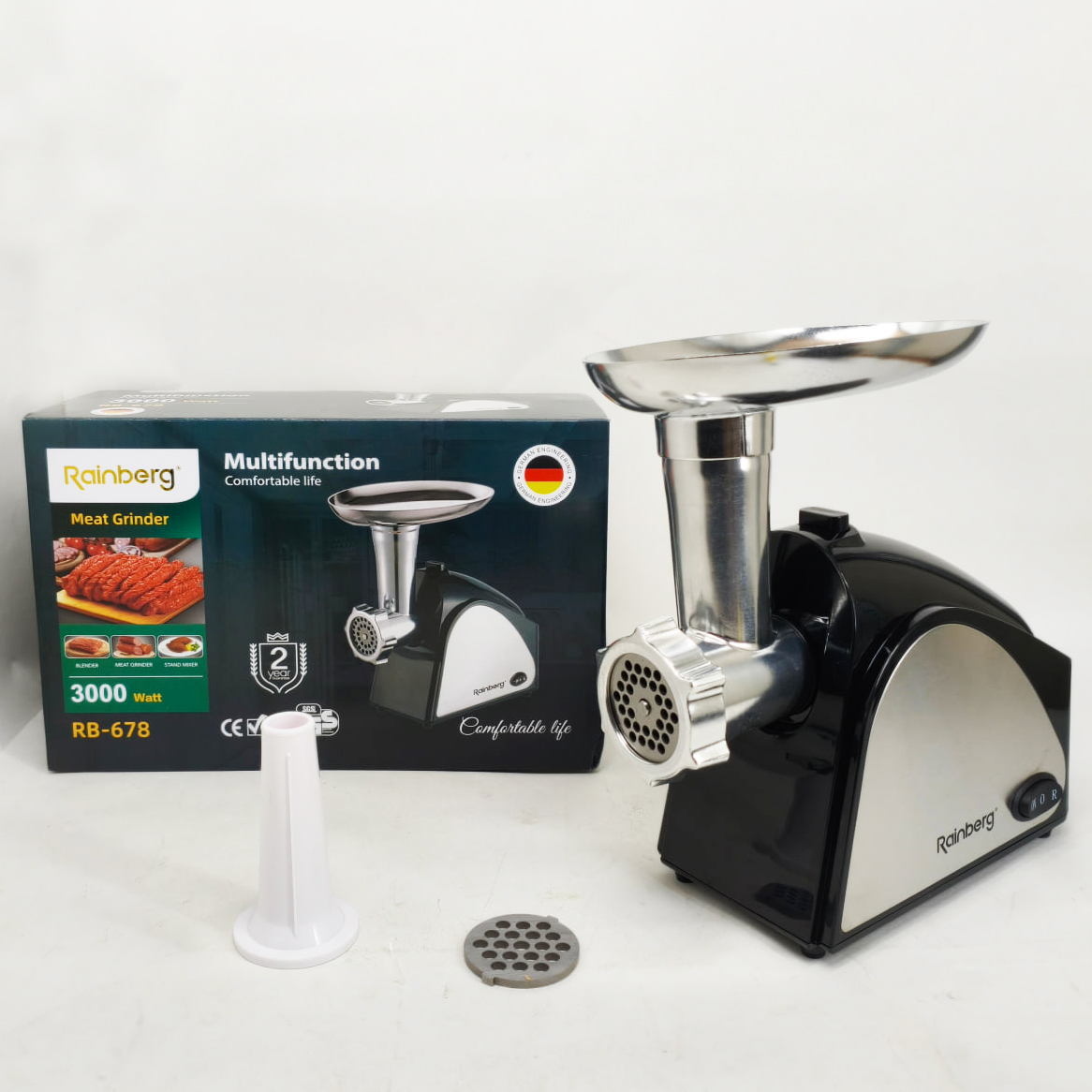 Електрична м'ясорубка Rainberg RB-678 3000Вт з насадкою для ковбас шнекова електром'ясорубка Електрична м'ясорубка Rainberg RB-678 3000Вт з насадкою для ковбас шнекова електром'ясорубка