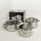 Набор посуды из нержавеющей стали Edenberg EB-3741 со стеклянными крышками 6 предметов. Изображение №3