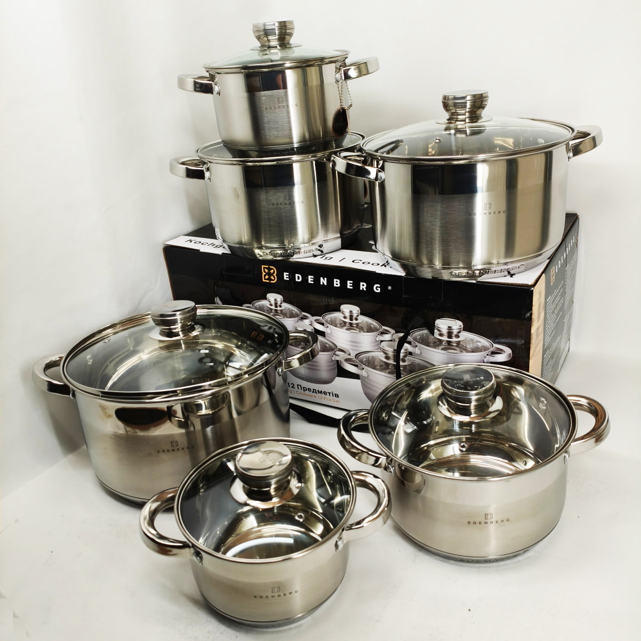 Набір каструль із сталі Edenberg EB-4036 12шт 2.1л–7.5л, 5-шарове капсульне дно, клепані ручки, індукція Набір каструль із сталі Edenberg EB-4036 12шт 2.1л–7.5л, 5-шарове капсульне дно, клепані ручки, індукція