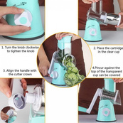 Овочерізка мультислайсер Tabletop Drum Grater Kitchen Master Терка для овочів та фруктів 3 насадки. Колір: блакитний. Зображення №8 Овочерізка мультислайсер Tabletop Drum Grater Kitchen Master Терка для овочів та фруктів 3 насадки. Колір: блакитний. Зображення №8