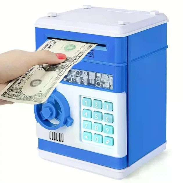 Электронная копилка сейф банкомат для детей с PIN-кодом, автоматический прием банкнот и монет Blue Электронная копилка сейф банкомат для детей с PIN-кодом, автоматический прием банкнот и монет Blue
