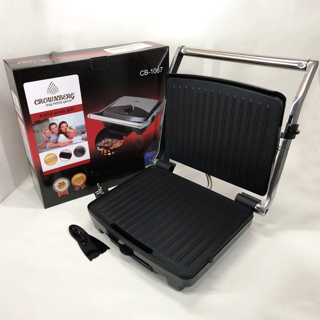 Гриль прижимной Crownberg CB-1067, Электрический контактный гриль для дома с терморегулятором 2000Вт Гриль прижимной Crownberg CB-1067, Электрический контактный гриль для дома с терморегулятором 2000Вт