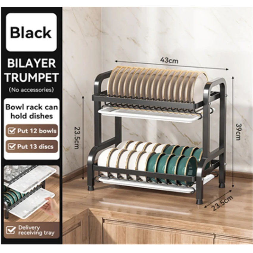 Сушарка для посуду двохрівнева чорного кольору з піддонами для води Сушарка для посуду двохрівнева чорного кольору з піддонами для води