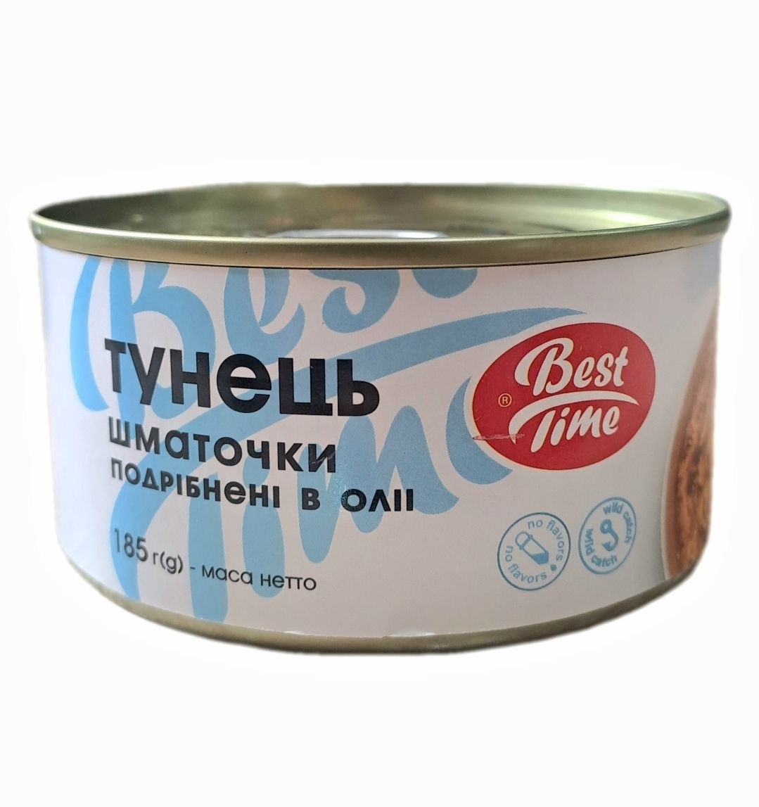 Тунець шматочки подрібнені в соєвій олії Best Time 185 г Тунець шматочки подрібнені в соєвій олії Best Time 185 г