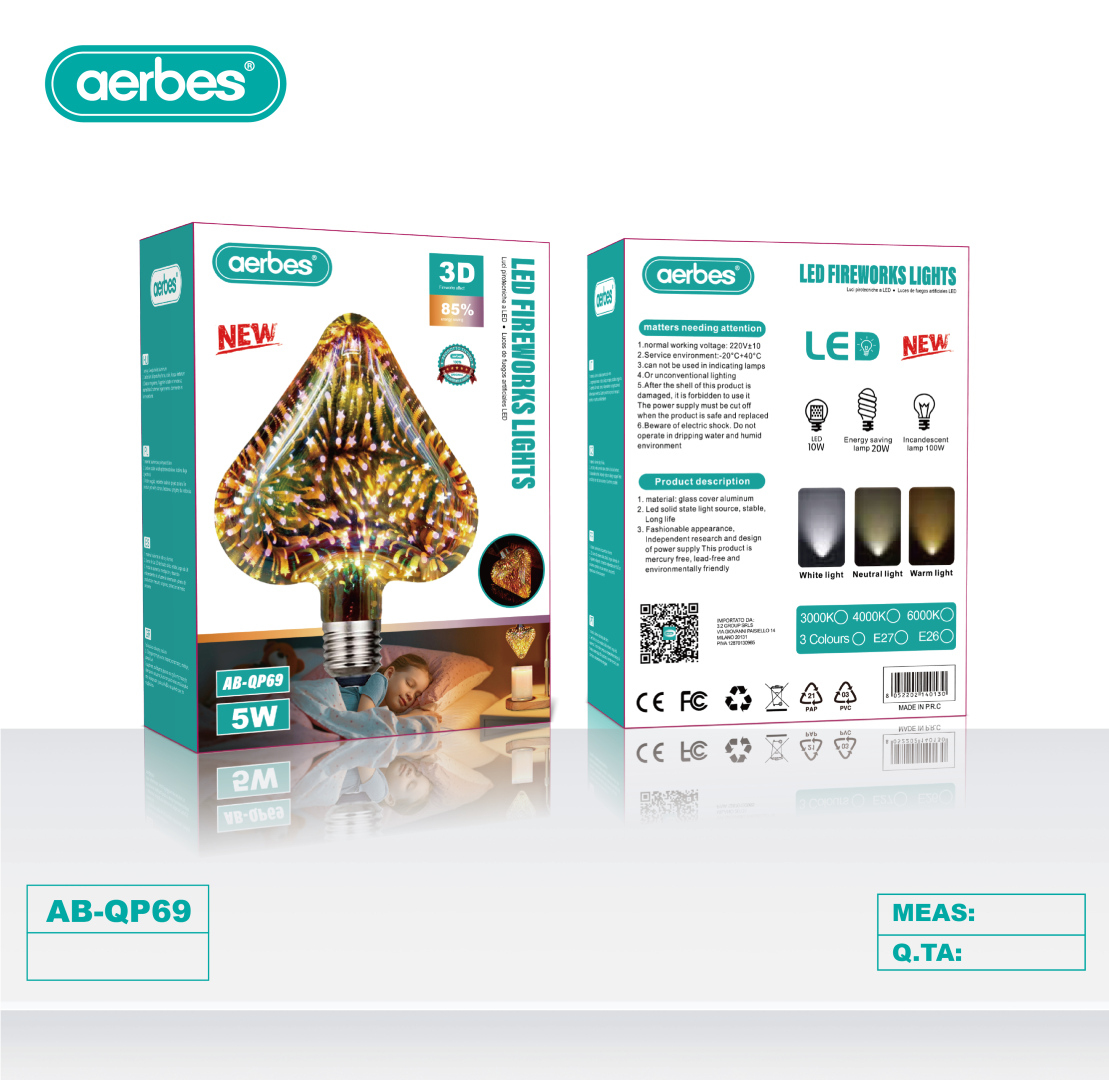 LED лампа Aerbes AB-QP69 3D феєрверк серце E27 5W з ефектом салюту тепле світло LED лампа Aerbes AB-QP69 3D феєрверк серце E27 5W з ефектом салюту тепле світло