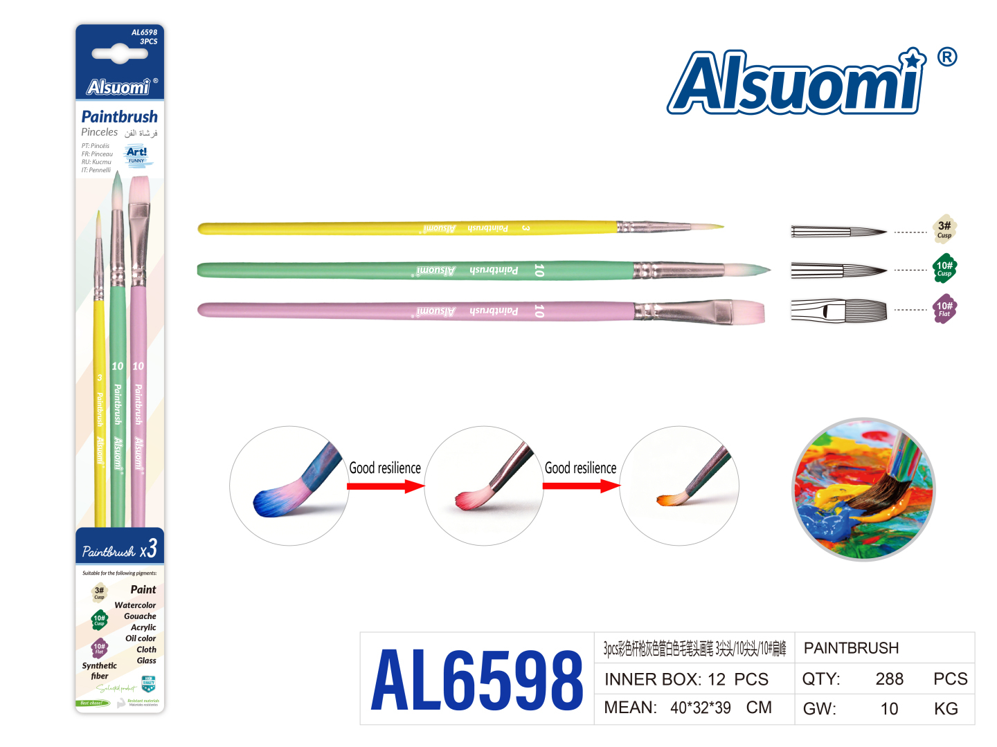Набір пензлів для малювання Alsuomi AL6598 3 шт - розміри 3# гостра, 10# гостра, 10# пласка Набір пензлів для малювання Alsuomi AL6598 3 шт - розміри 3# гостра, 10# гостра, 10# пласка