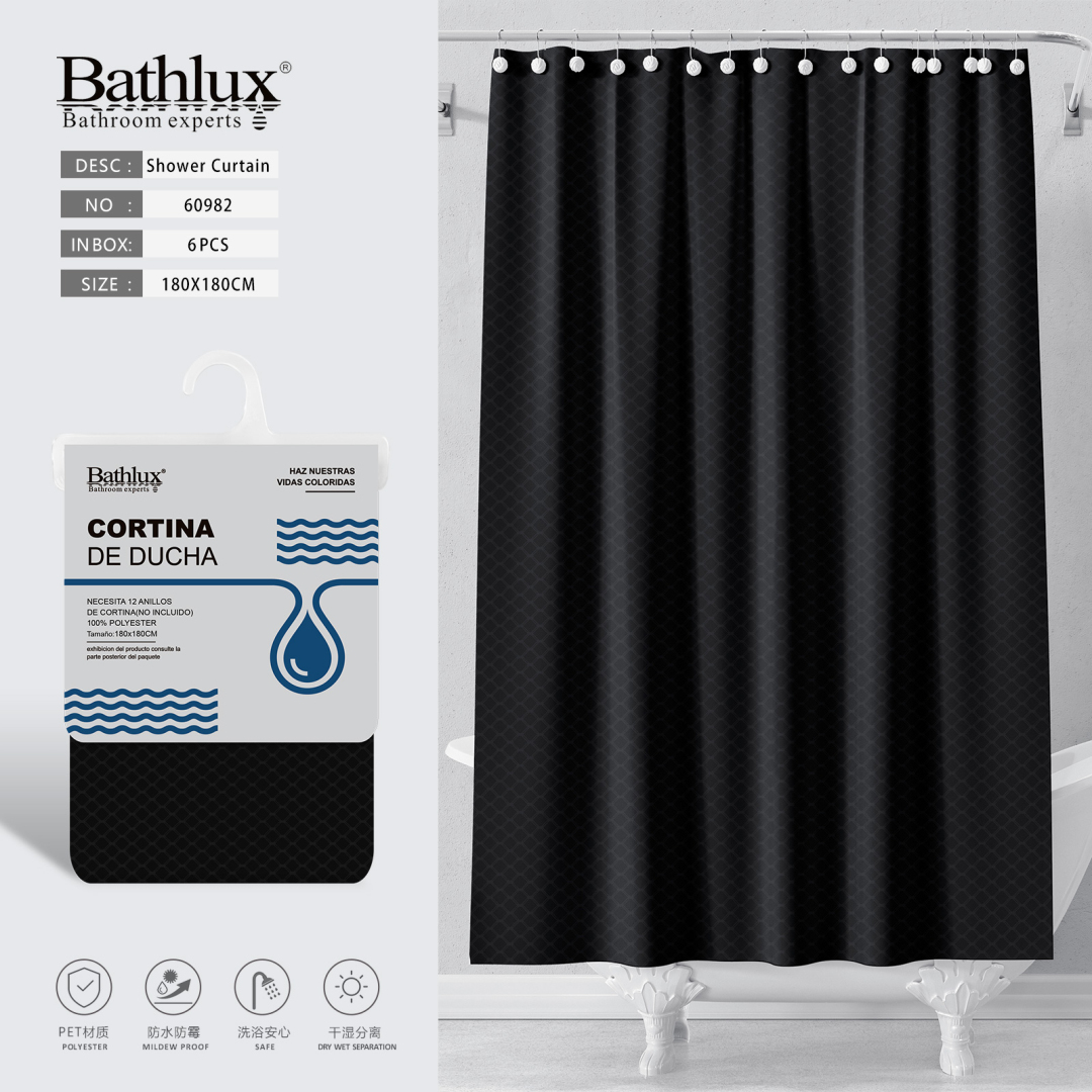 Шторка для душу Bathlux чорна 180x180 см водовідштовхувальна поліестер 60982 Шторка для душу Bathlux чорна 180x180 см водовідштовхувальна поліестер 60982