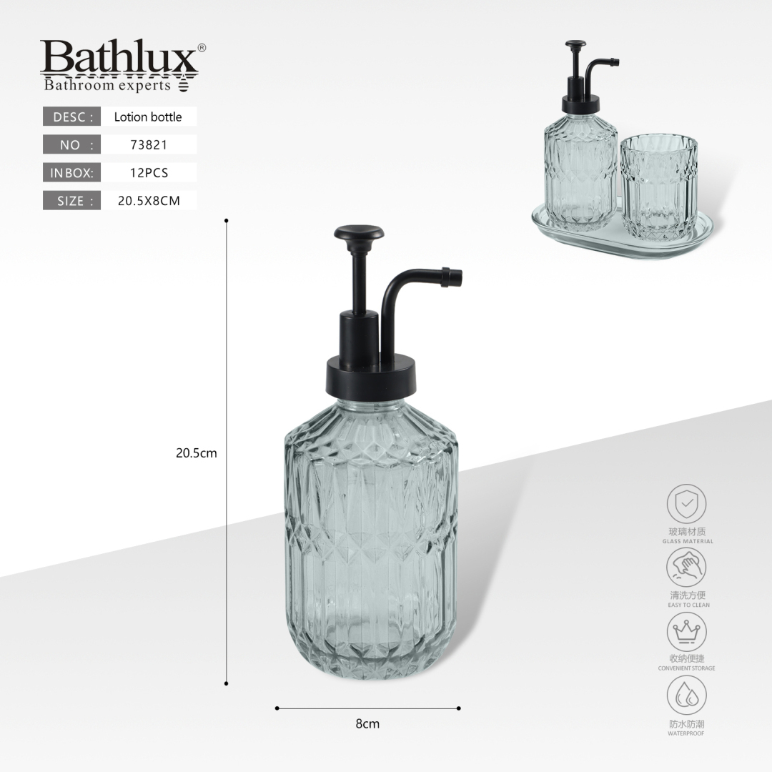 Скляний дозатор для мила Bathlux з рельєфним візерунком 20.5x8 см димчасто-блакитний Скляний дозатор для мила Bathlux з рельєфним візерунком 20.5x8 см димчасто-блакитний