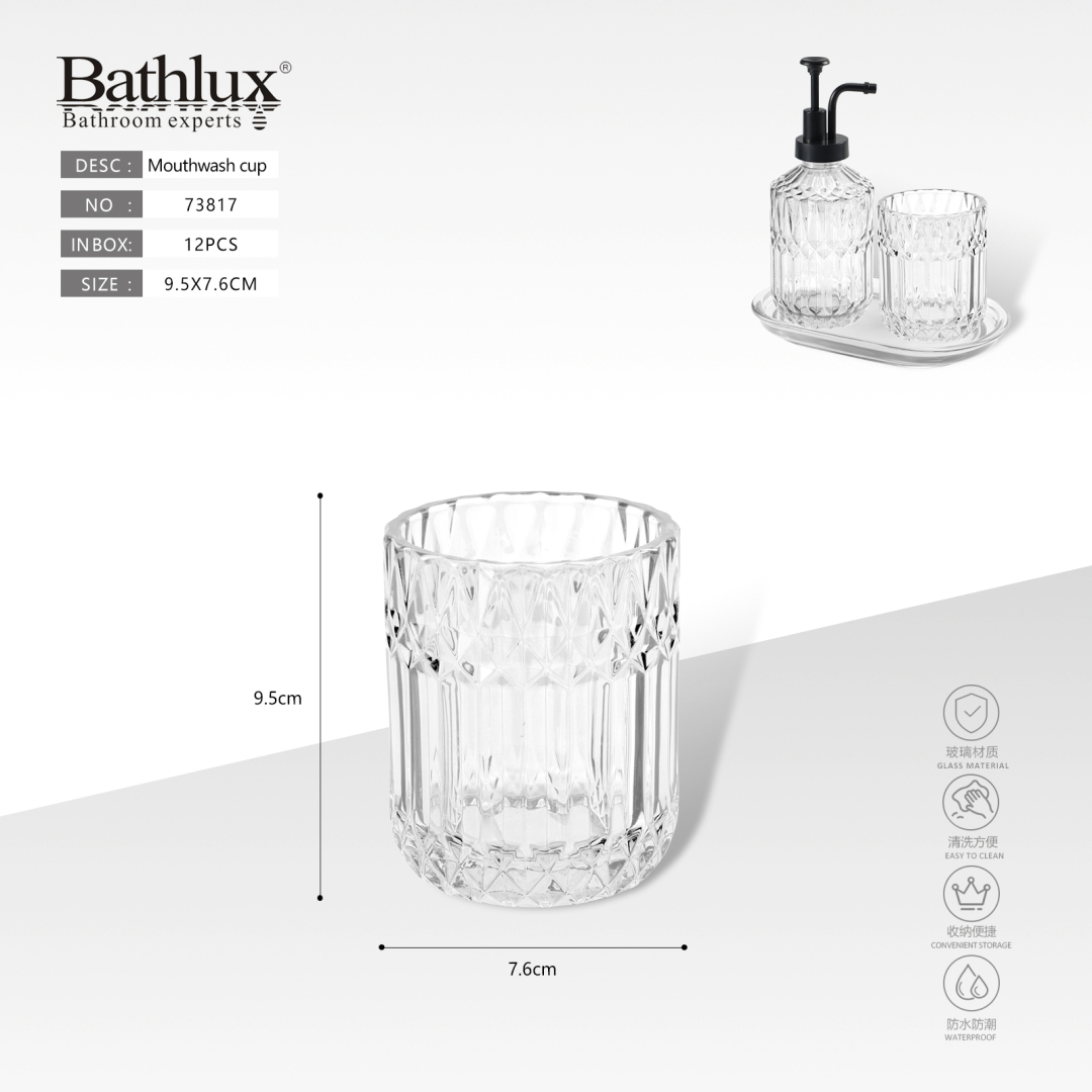 Склянка для полоскання рота скляна прозора з алмазним візерунком Bathlux 9.5x7.6 см Склянка для полоскання рота скляна прозора з алмазним візерунком Bathlux 9.5x7.6 см