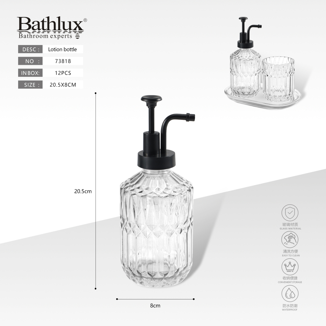 Скляний дозатор для рідкого мила Bathlux з алмазним рельєфом і чорним помпом 20.5x8 см Скляний дозатор для рідкого мила Bathlux з алмазним рельєфом і чорним помпом 20.5x8 см