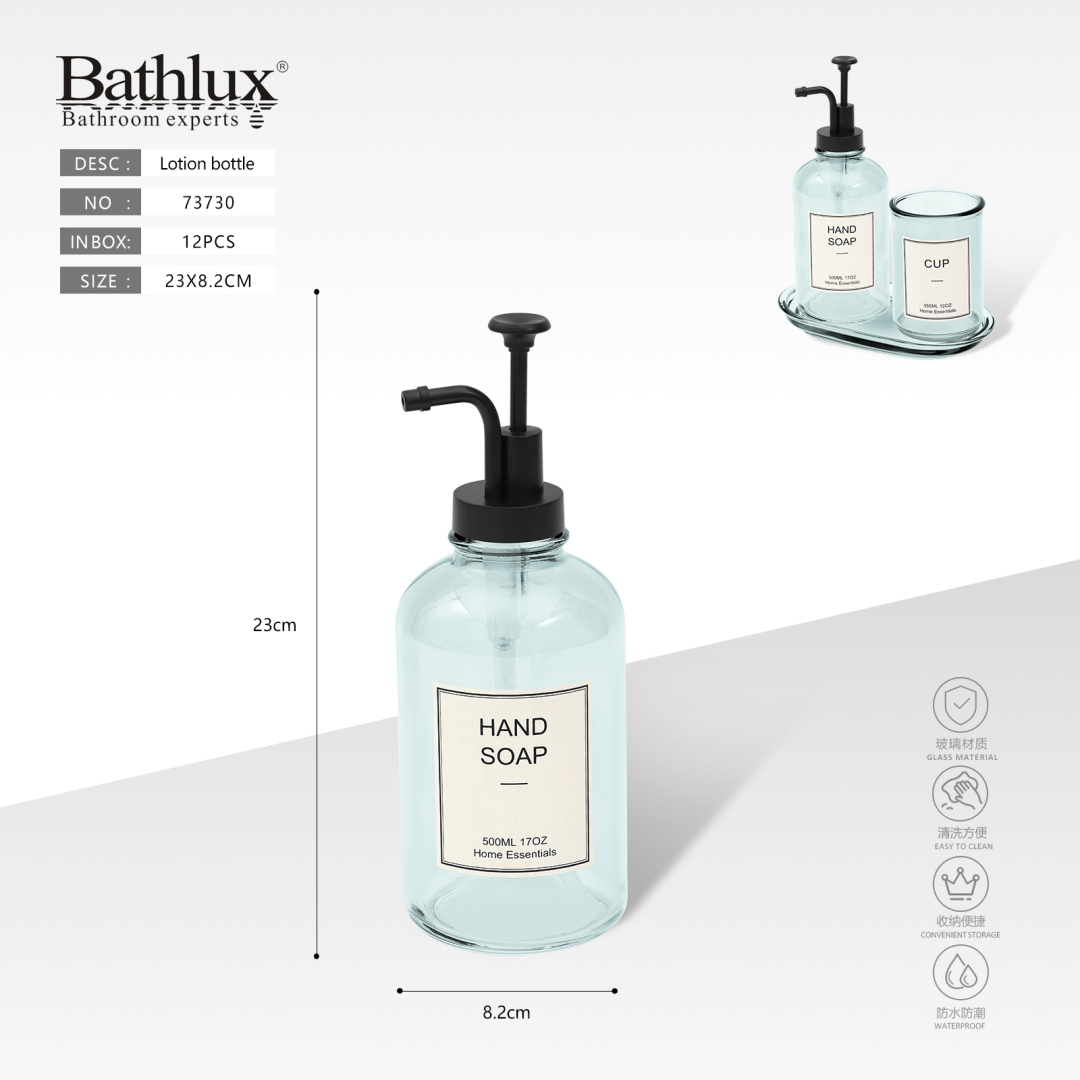 Скляний дозатор для рідкого мила Bathlux Hand Soap 500 мл блакитний з чорним помпою 23х8.2 см Скляний дозатор для рідкого мила Bathlux Hand Soap 500 мл блакитний з чорним помпою 23х8.2 см