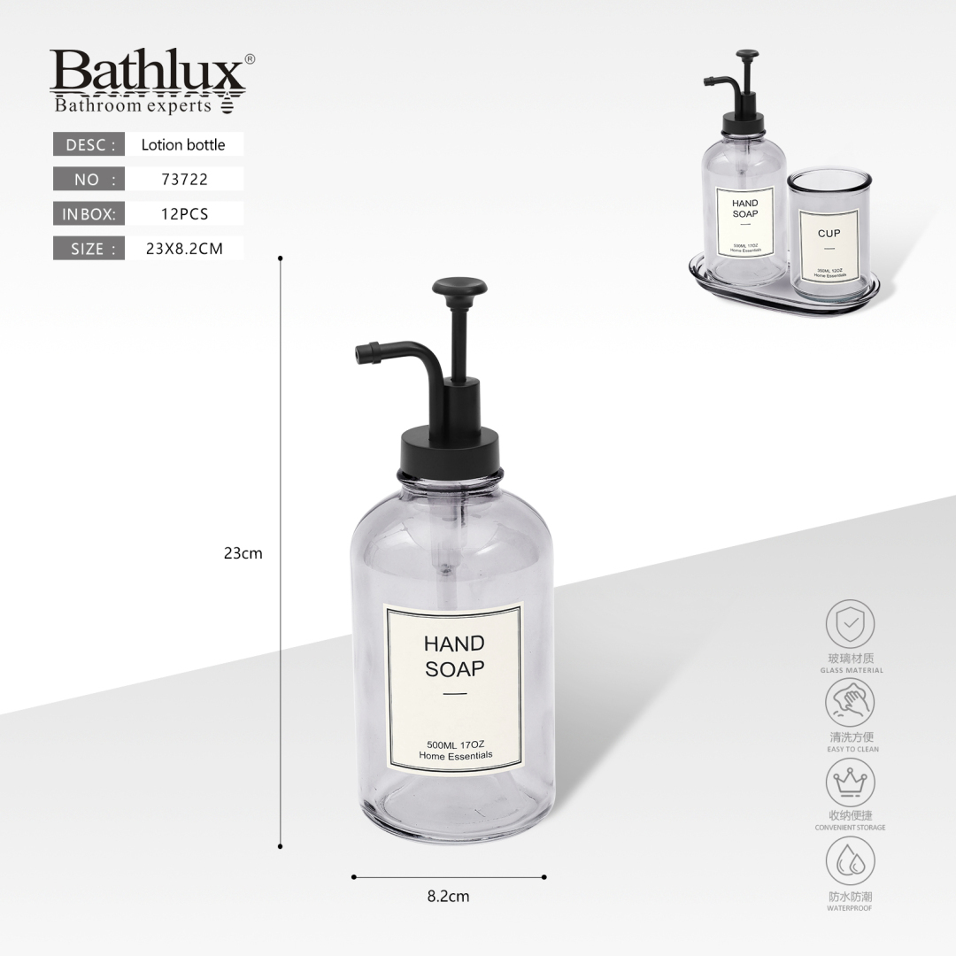 Скляний дозатор для мила Bathlux Hand Soap 500 мл сірий прозорий з чорним помпою 23 см Скляний дозатор для мила Bathlux Hand Soap 500 мл сірий прозорий з чорним помпою 23 см