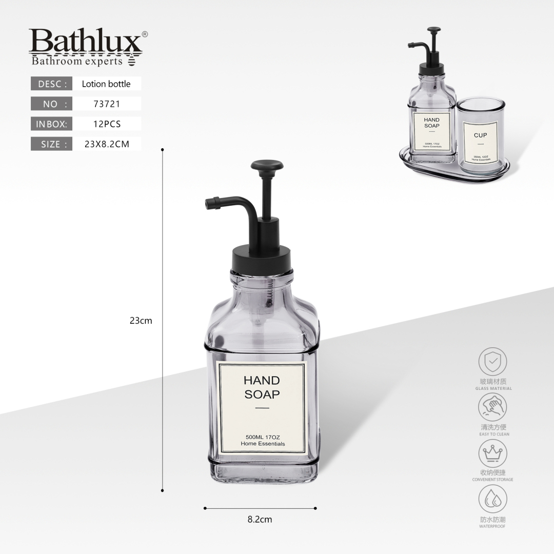 Скляний дозатор для рідкого мила Bathlux 500 мл сірий квадратний 23x8.2 см Скляний дозатор для рідкого мила Bathlux 500 мл сірий квадратний 23x8.2 см