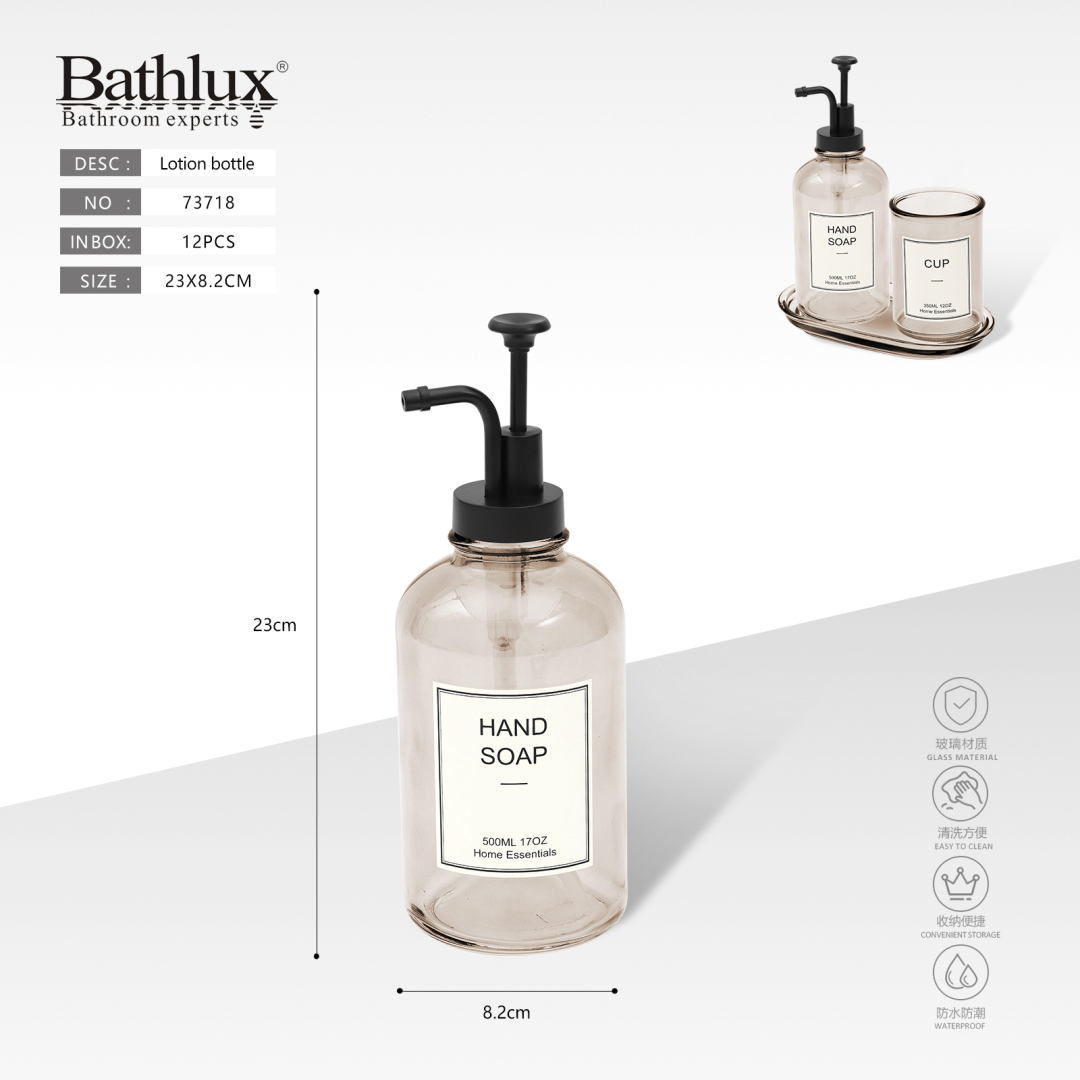 Дозатор для мила скляний Bathlux 500 мл з чорним помпою - бежевий 23х8.2 см Дозатор для мила скляний Bathlux 500 мл з чорним помпою - бежевий 23х8.2 см