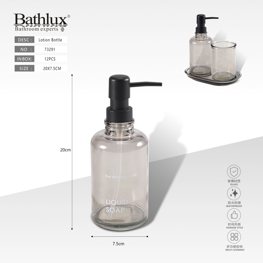 Дозатор для рідкого мила скляний димчастий Bathlux 20x7.5 см з помпою Дозатор для рідкого мила скляний димчастий Bathlux 20x7.5 см з помпою